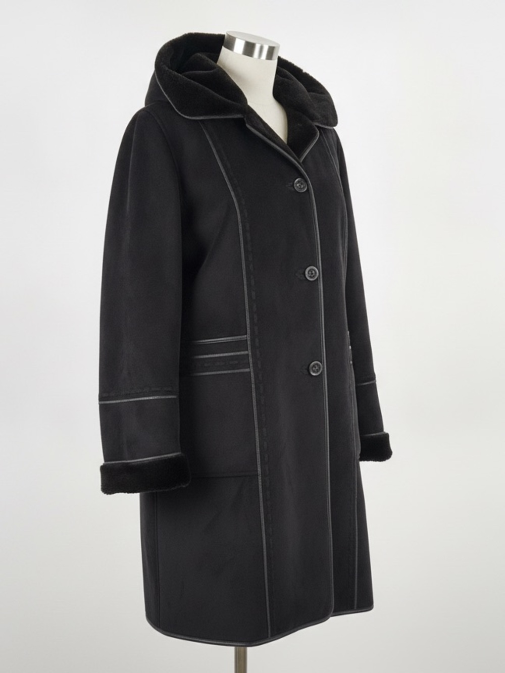 London Fog Black Hooded Trench Coat with Faux Shearling